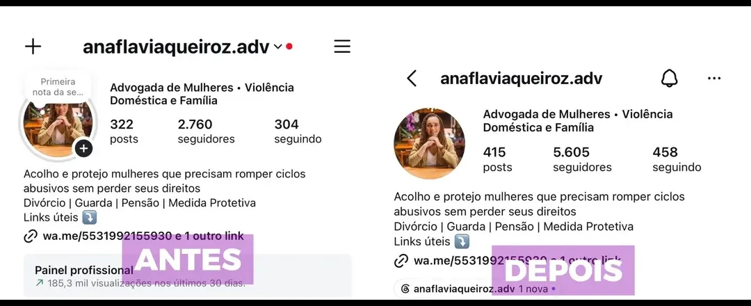 Perfil de Ana Flávia Queiroz antes e depois da assessoria digital