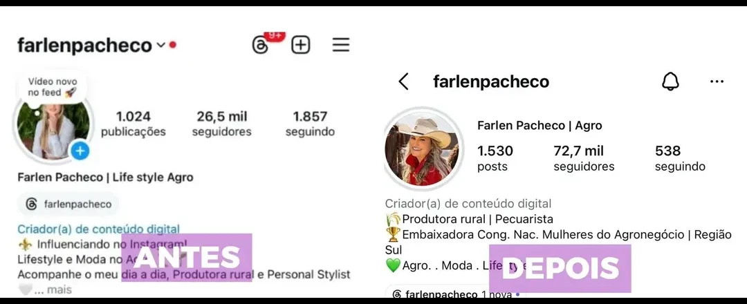 Perfil de Farlen Pacheco antes e depois da assessoria digital