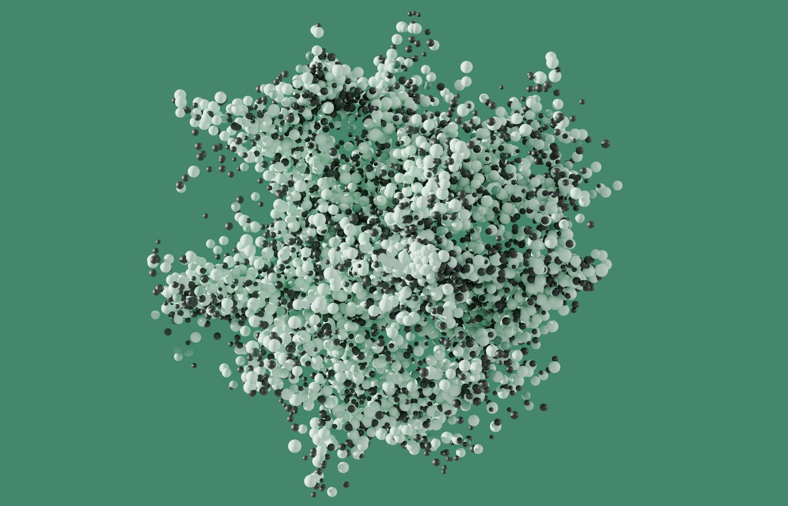 Esferas verdes e pretas conectadas em uma composição abstrata.