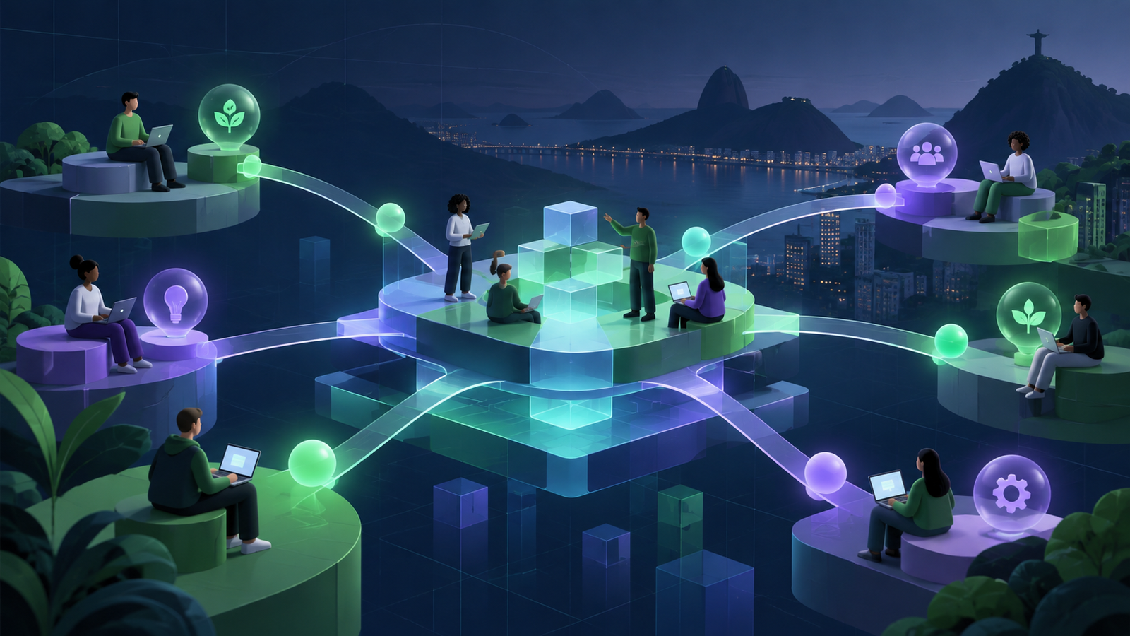 Ilustração abstrata para o artigo “Mindcore e Drupal Brasil: modernizar também é contribuir”.